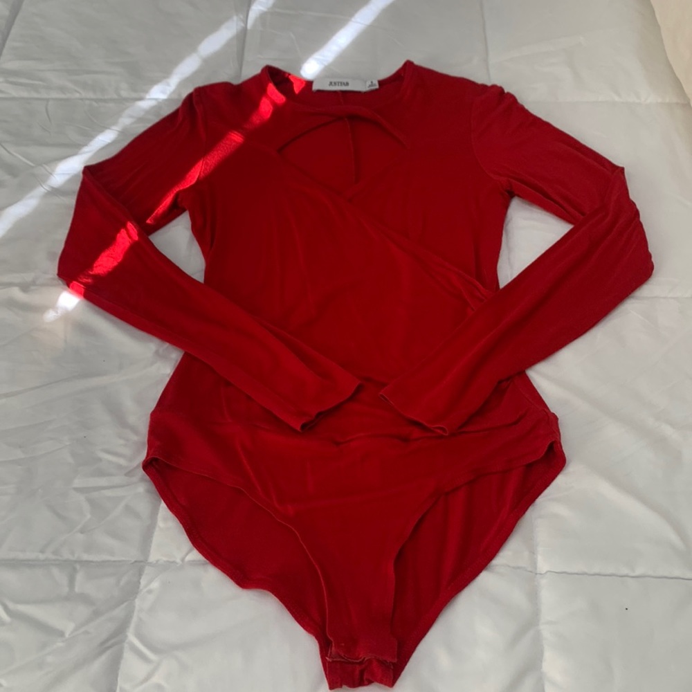 JustFab Wrap Front Cut-Out Body Suit, Size Small, Red